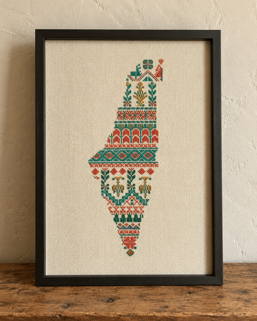 Palestine Map Tatreez Art - Teal and Coral - product view
