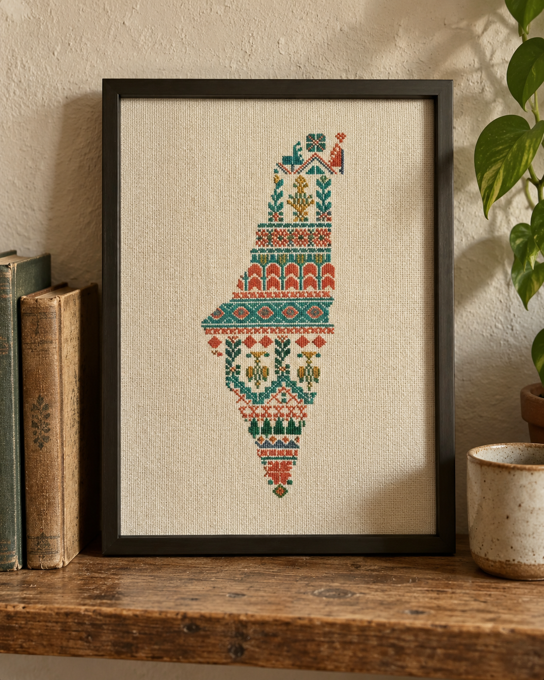 Palestine Map Tatreez Art - Teal and Coral - displayed at home