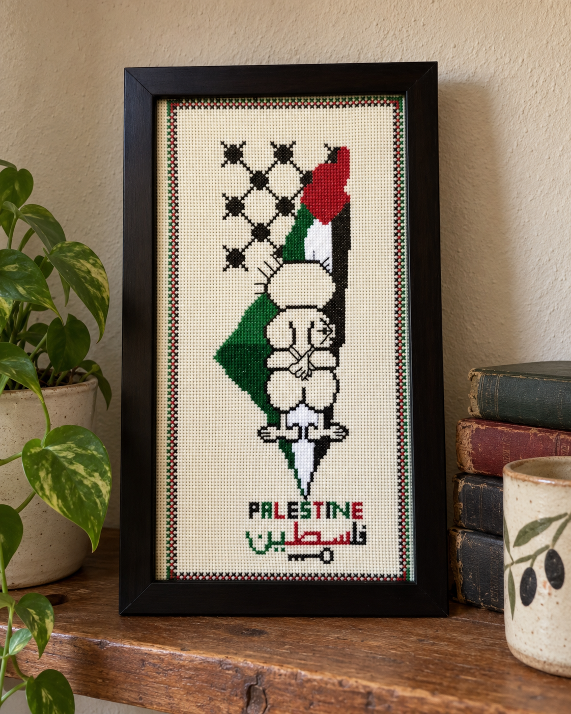 Handala Palestine Map Tatreez Art - displayed at home