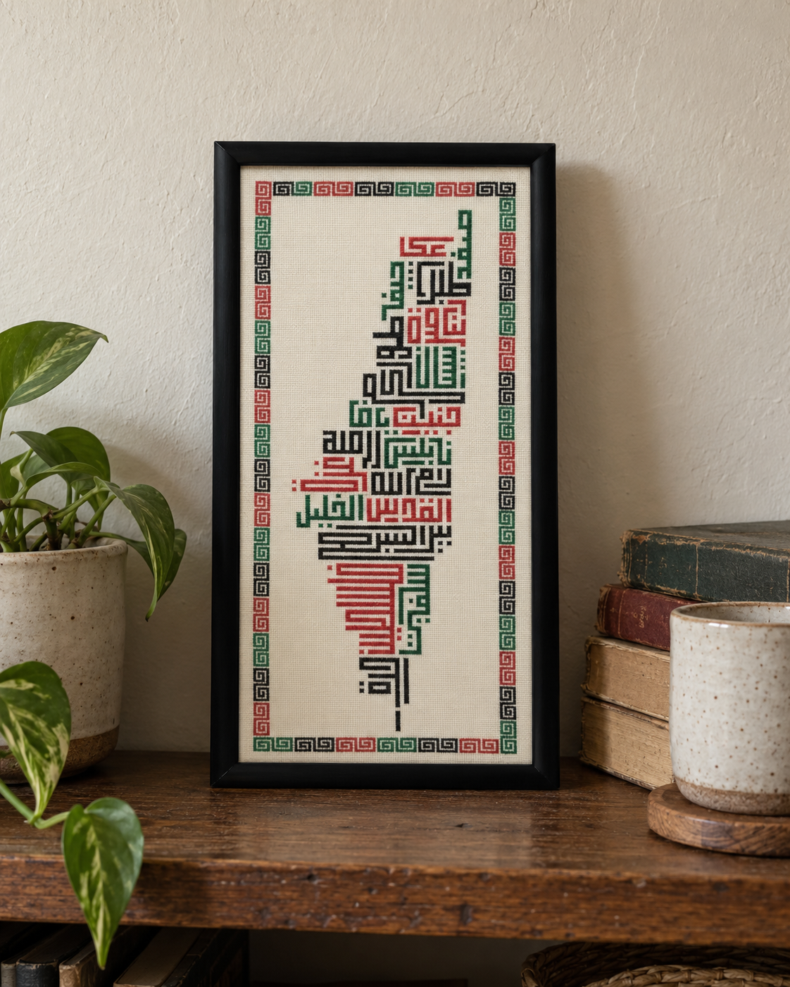 Palestine Cities Calligraphy Tatreez Art - displayed at home