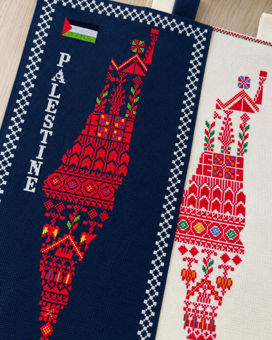 Palestine Map Tatreez Wall Hanging - Colourful Motifs - embroidery close up