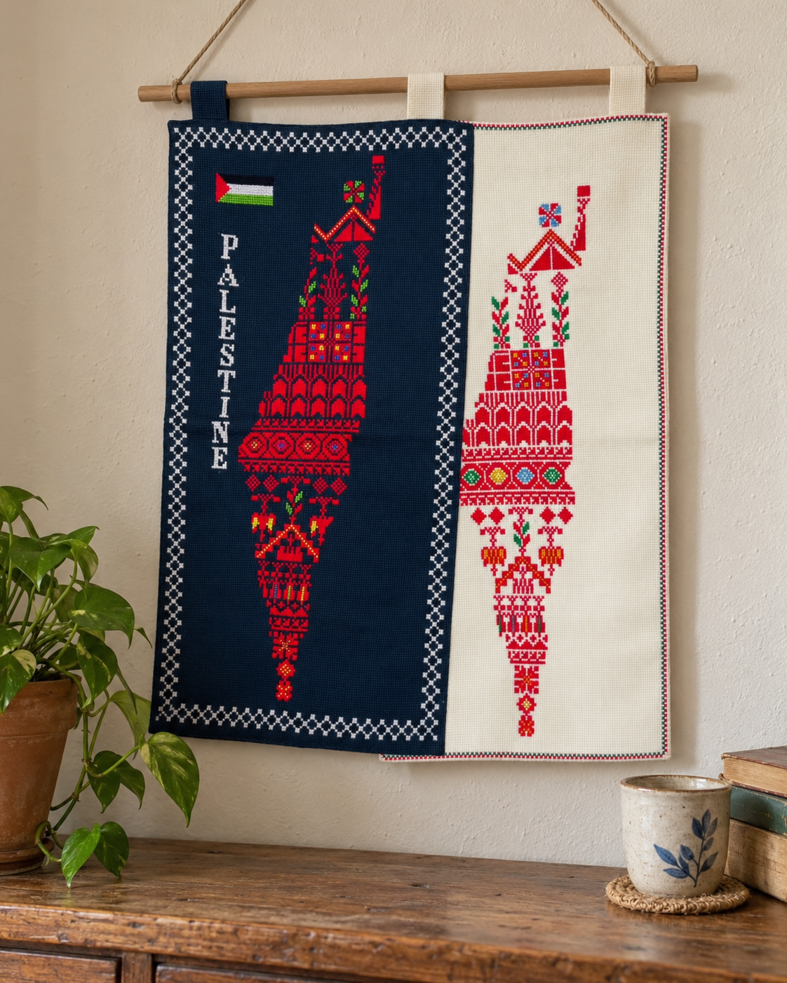 Palestine Map Tatreez Wall Hanging - Colourful Motifs - displayed at home