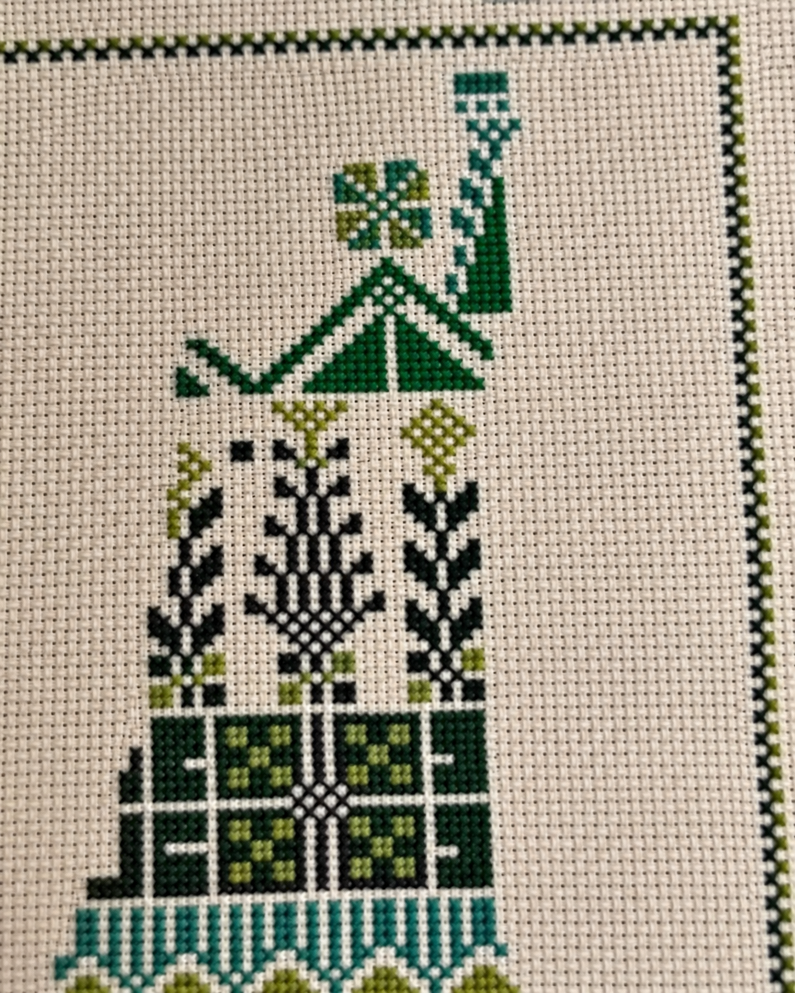 Palestine Map Tatreez Art - Green Motifs - embroidery close up