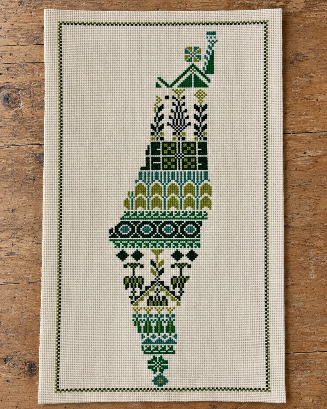 Palestine Map Tatreez Art - Green Motifs - product view