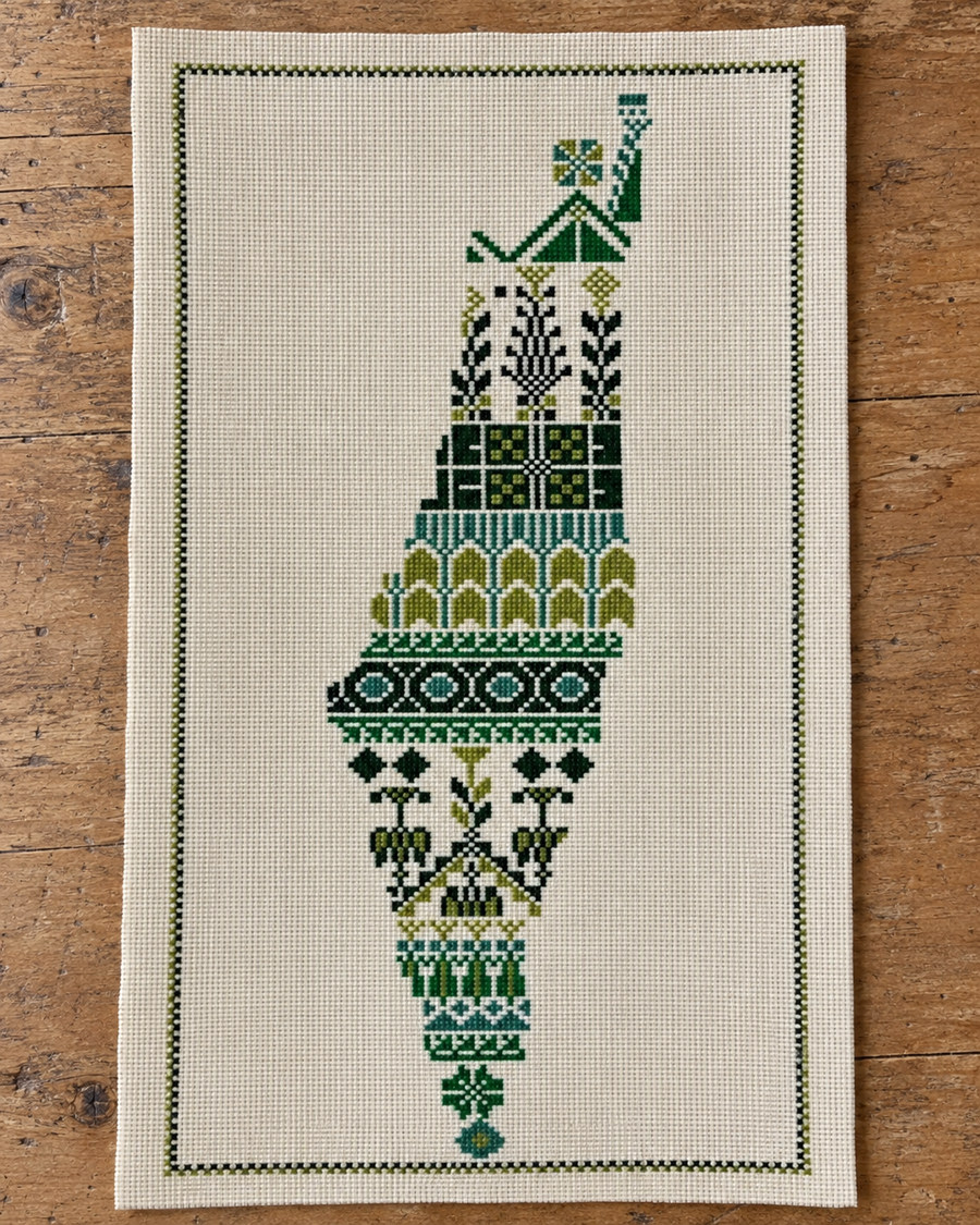 Palestine Map Tatreez Art - Green Motifs - product view