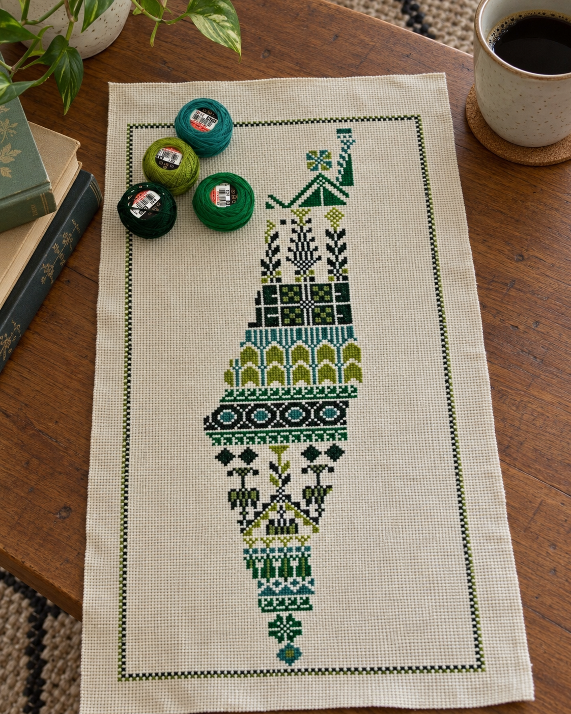 Palestine Map Tatreez Art - Green Motifs - displayed at home