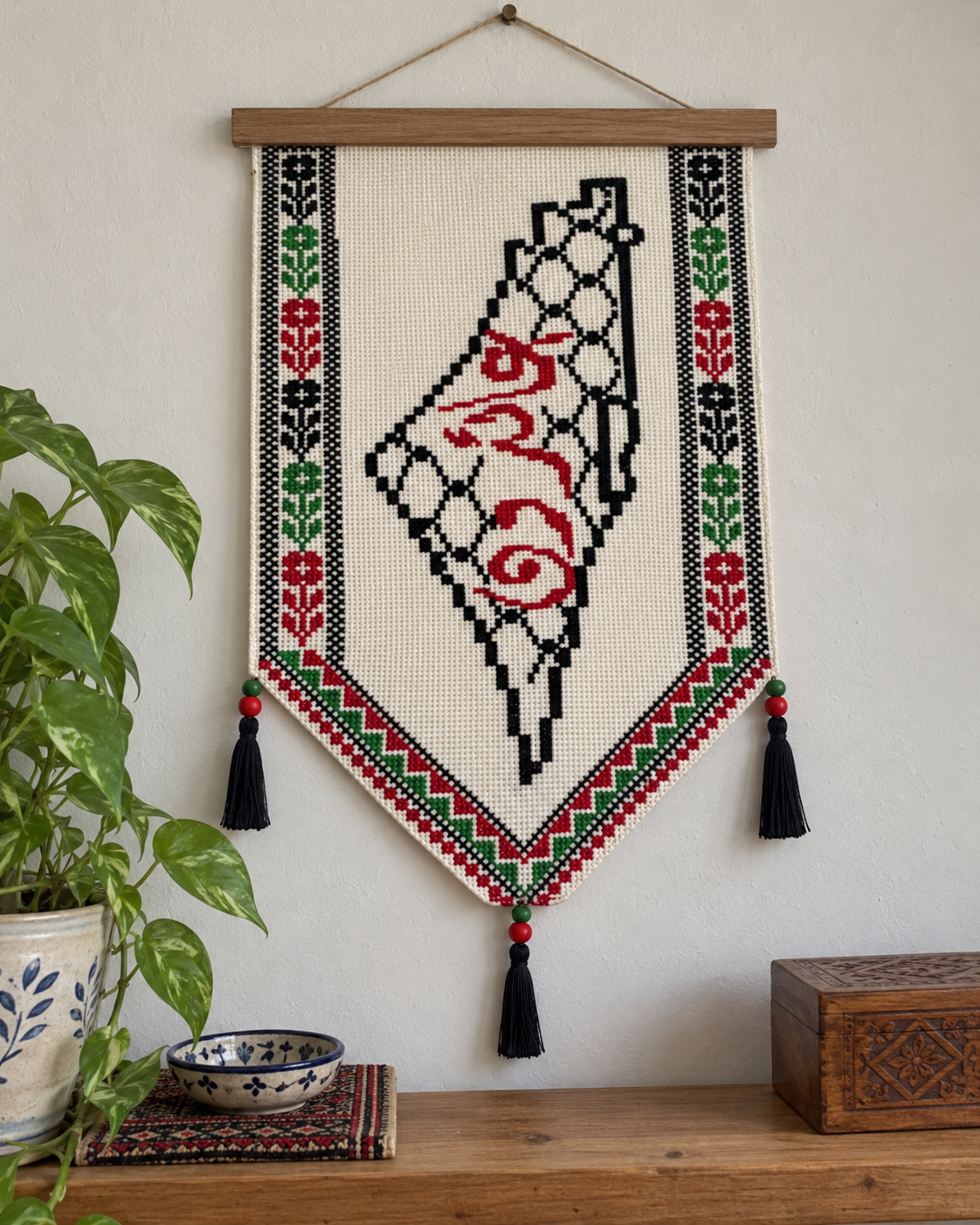 Palestine Keffiyeh Map Tatreez Wall Hanging - displayed at home