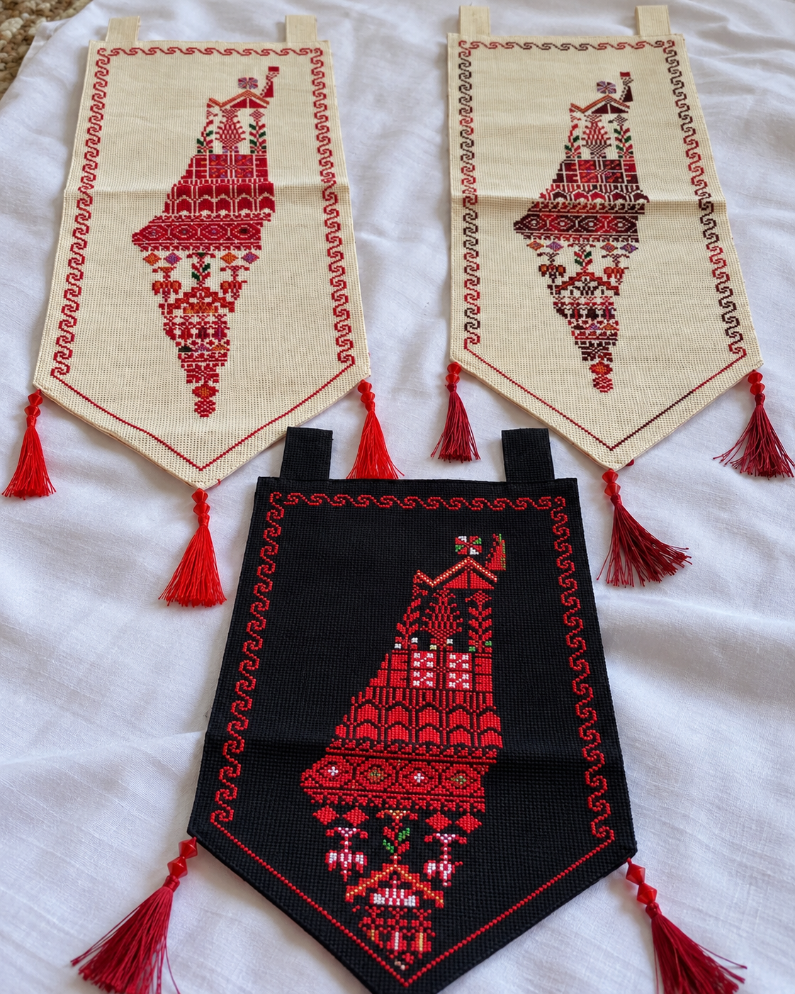 Palestine Map Tatreez Pennant - Red Motifs - embroidery close up