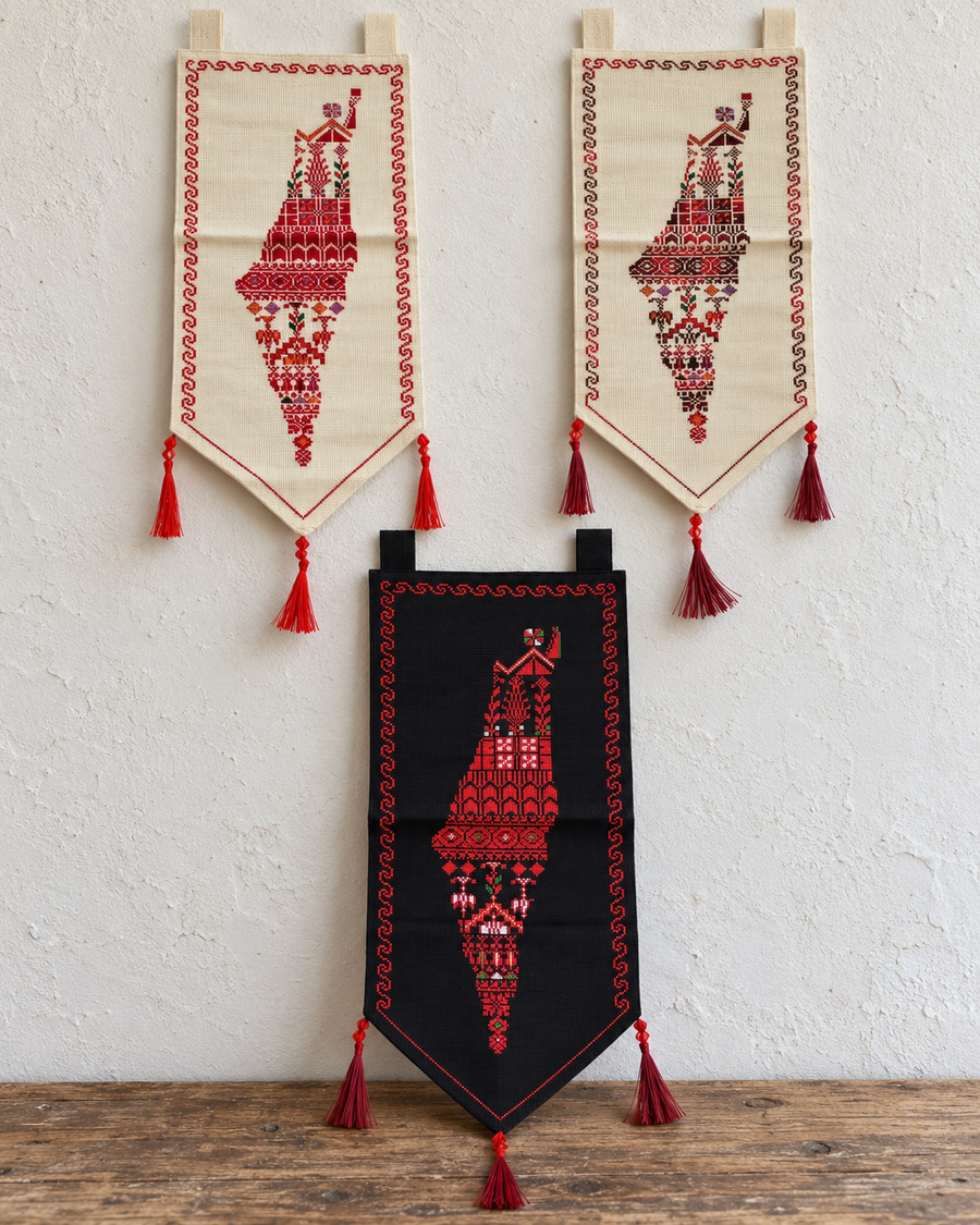 Palestine Map Tatreez Pennant - Red Motifs - product view