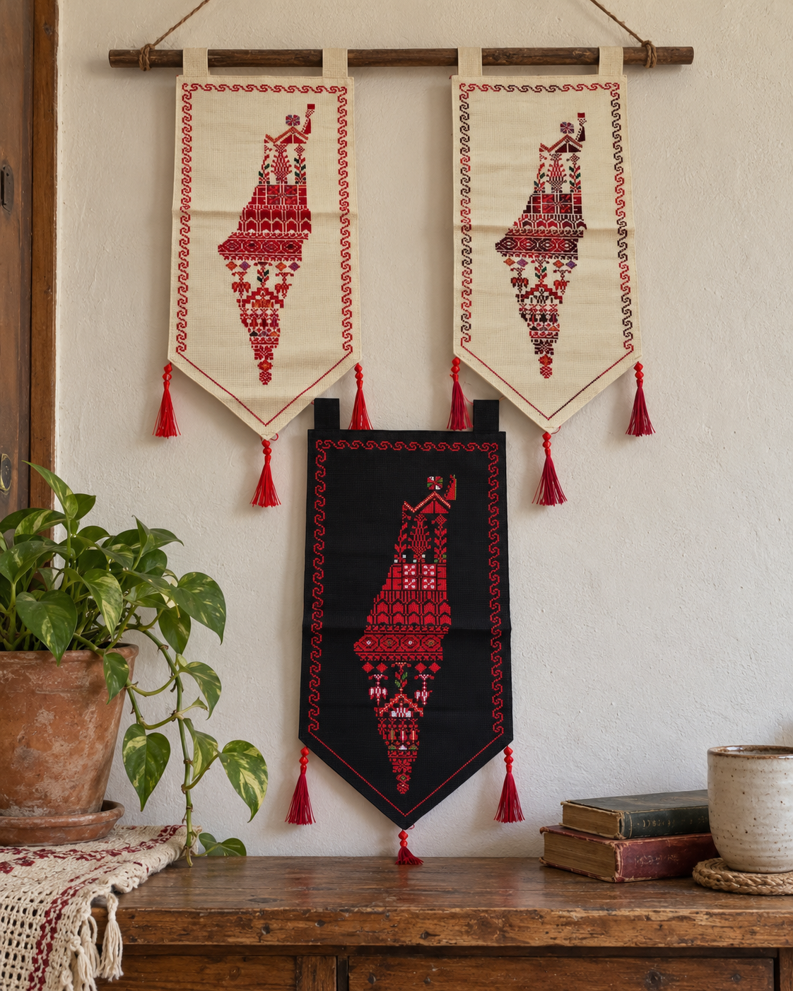 Palestine Map Tatreez Pennant - Red Motifs - displayed at home