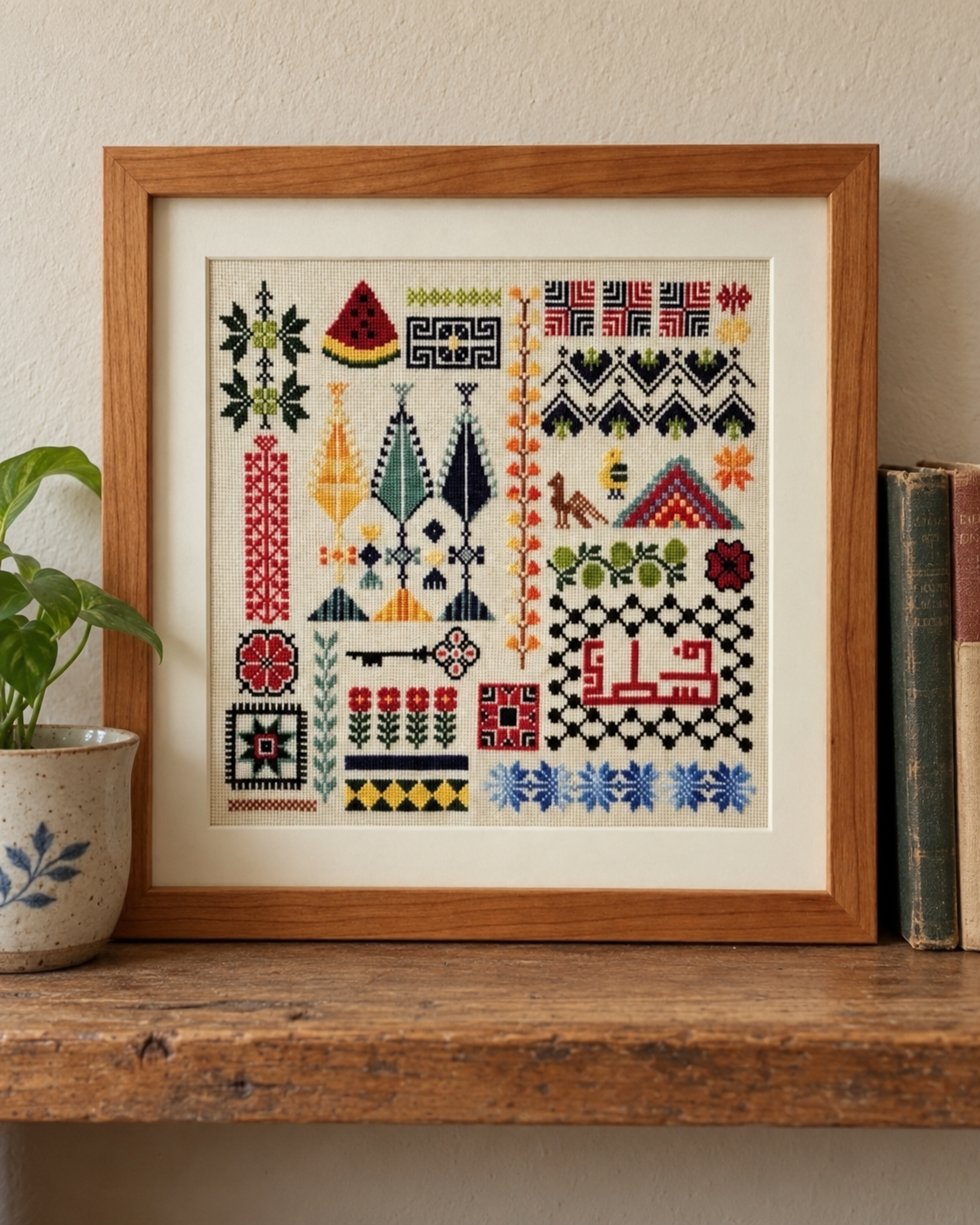Palestinian Motif Sampler Tatreez Art - displayed at home