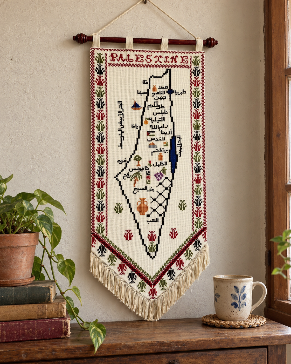 Palestine Cities Tatreez Wall Hanging - displayed at home