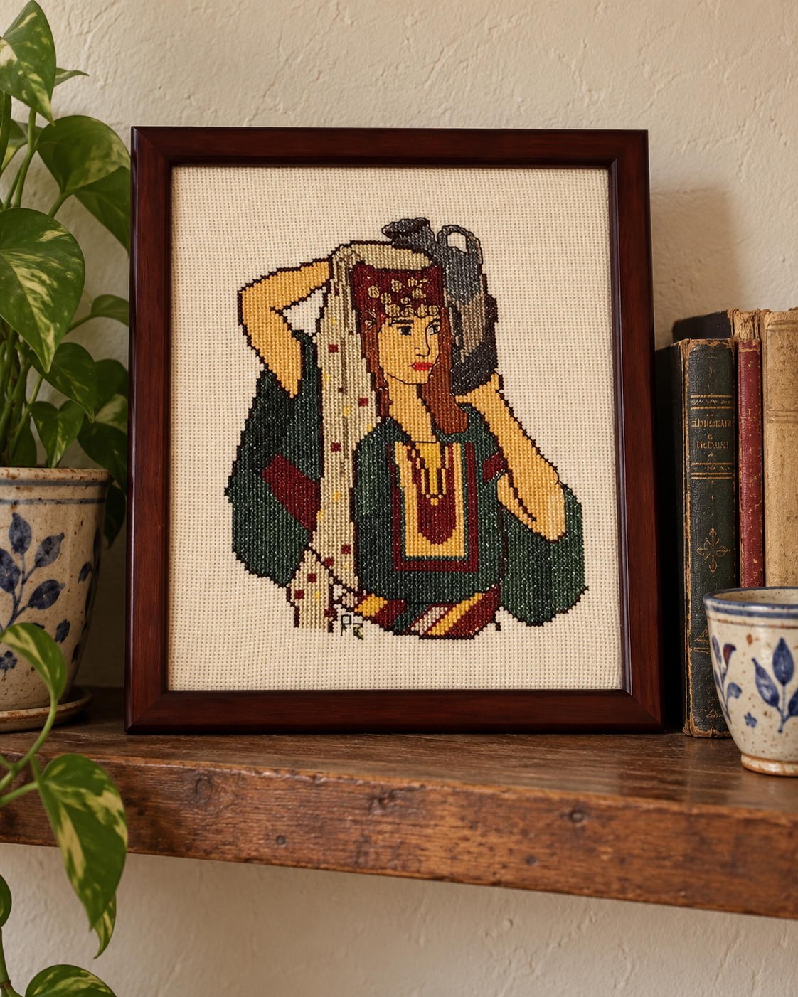 Palestinian Woman Tatreez Art - displayed at home