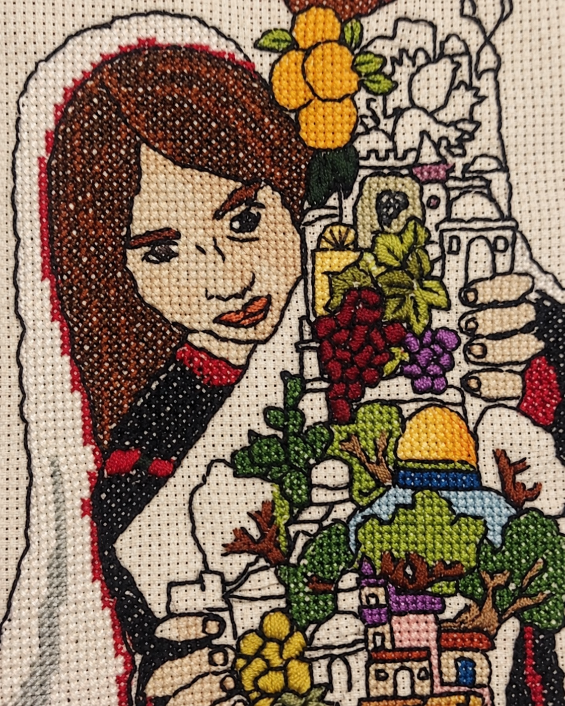 Palestinian Woman and Map Tatreez Art - embroidery close up
