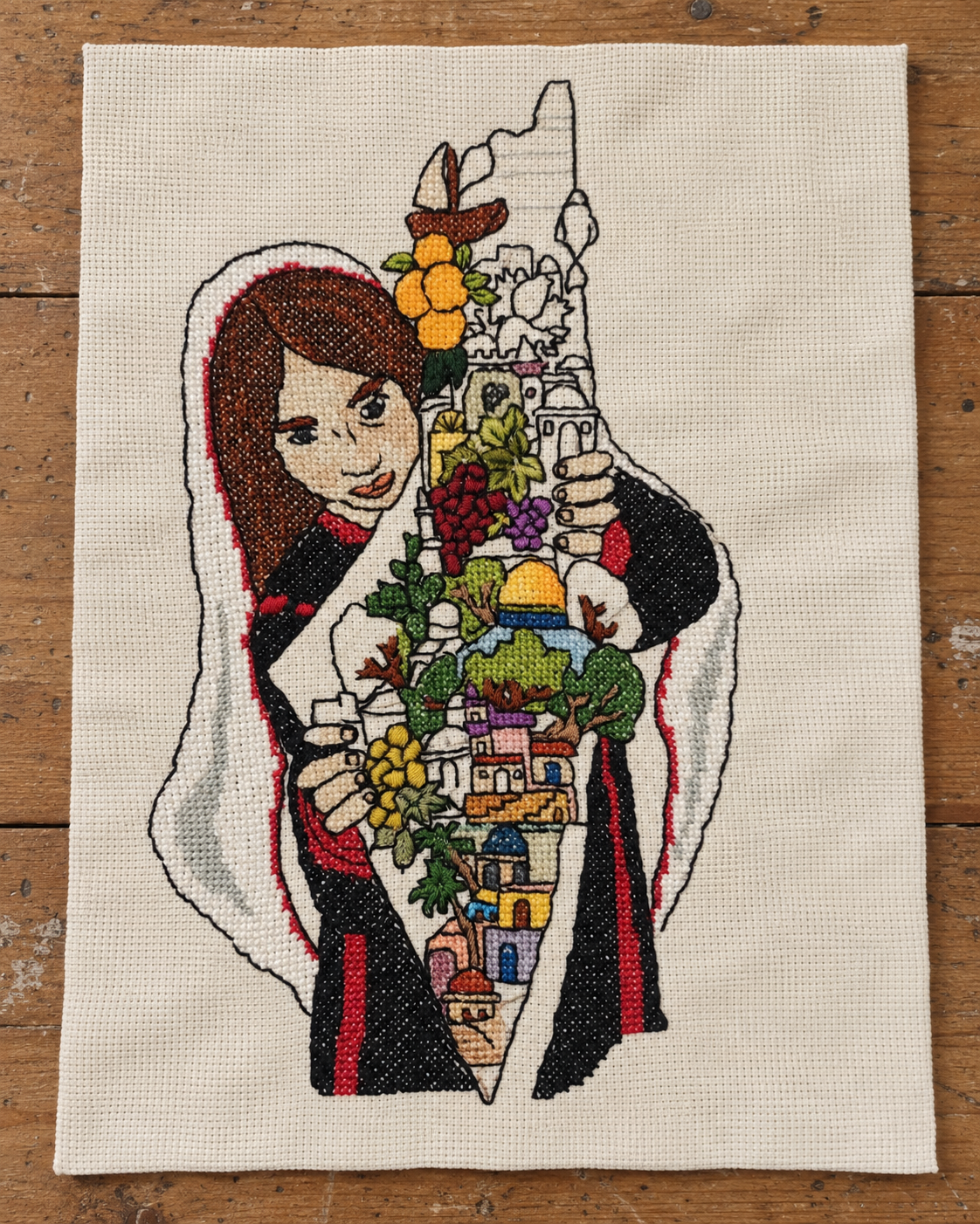 Palestinian Woman and Map Tatreez Art - product view