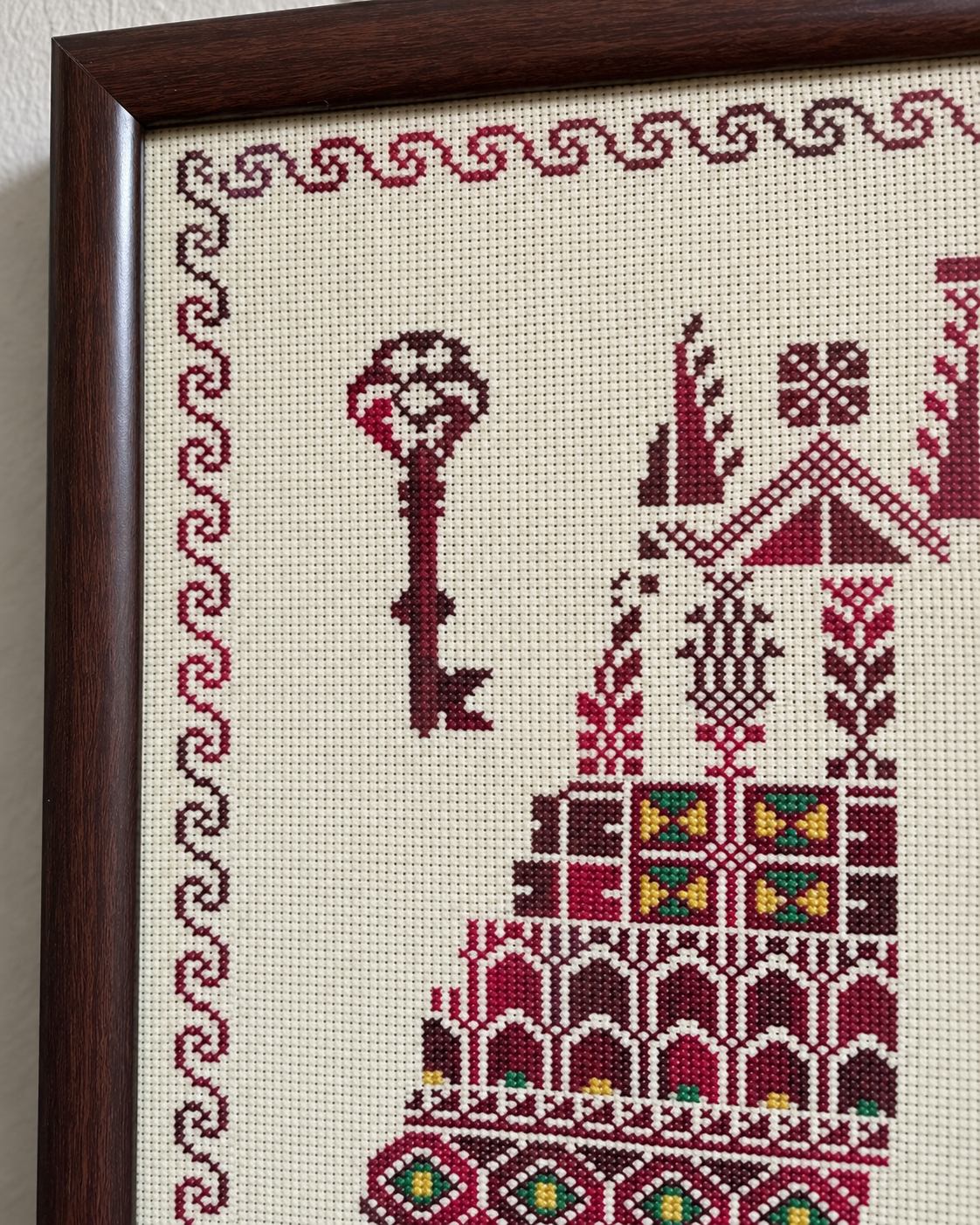 Palestine Map and Key Tatreez Art - Burgundy - embroidery close up