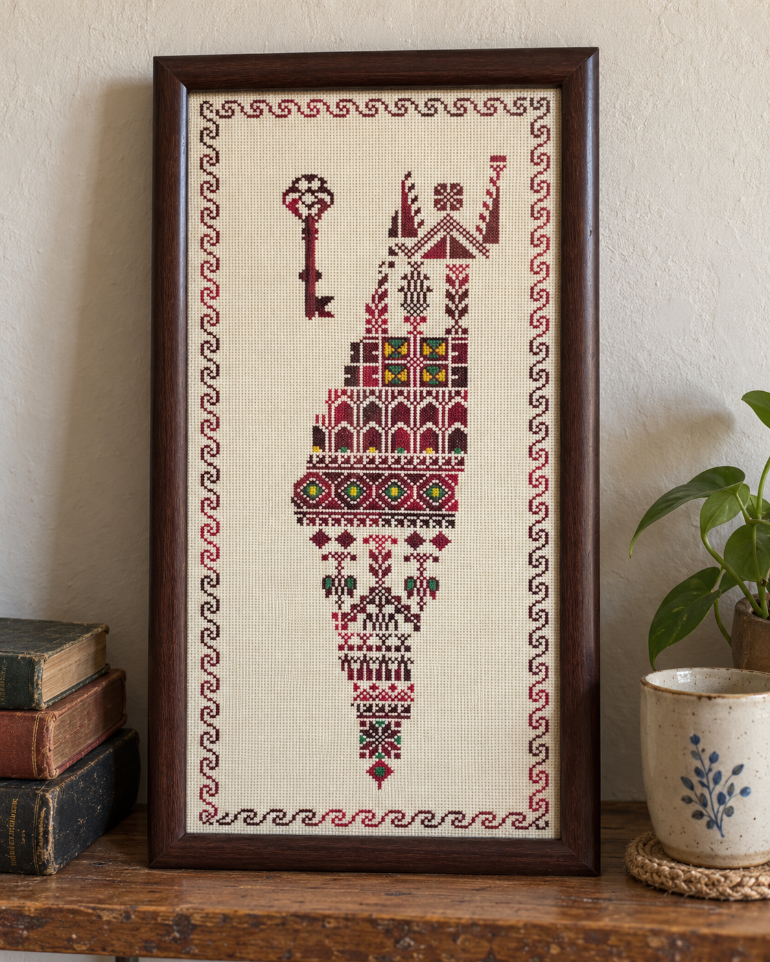 Palestine Map and Key Tatreez Art - Burgundy - displayed at home