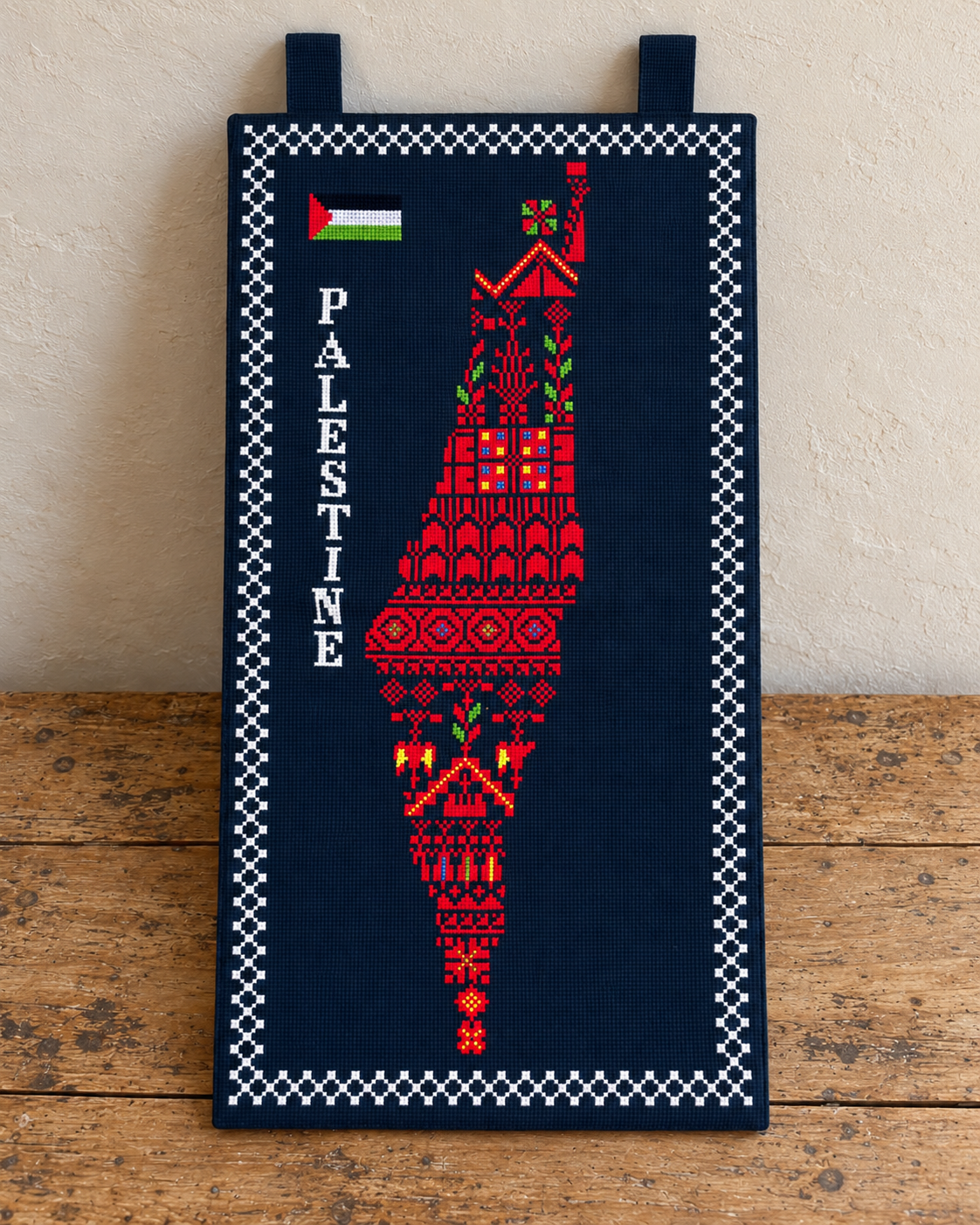 Palestine Map Tatreez Wall Hanging on black canvas