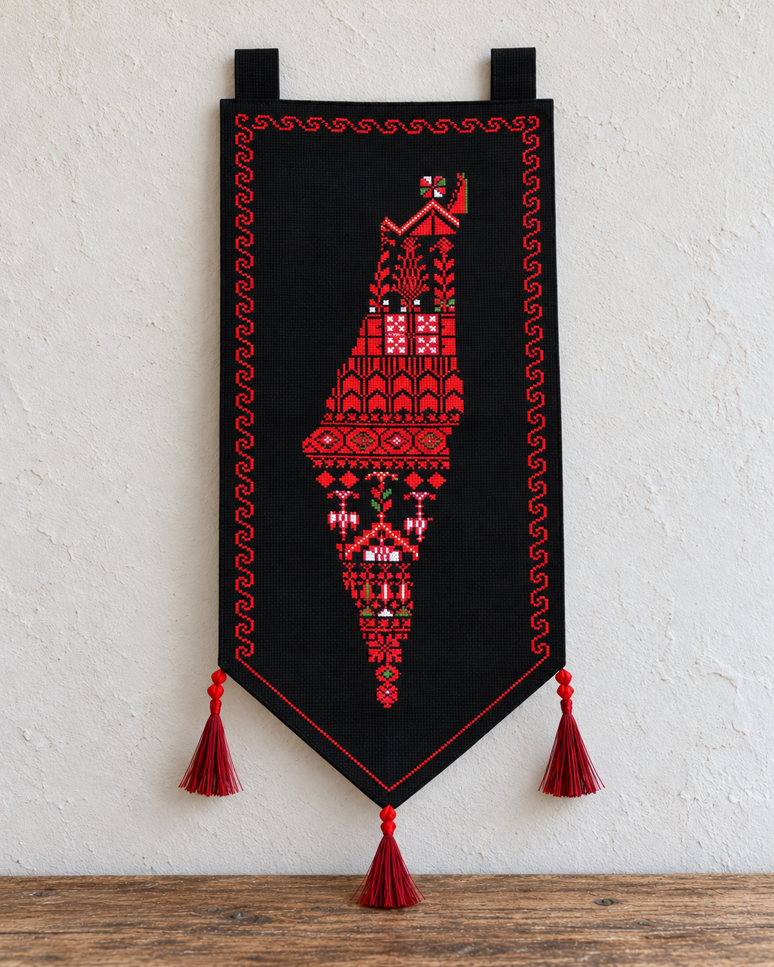 Palestine Map Tatreez Pennant on black canvas
