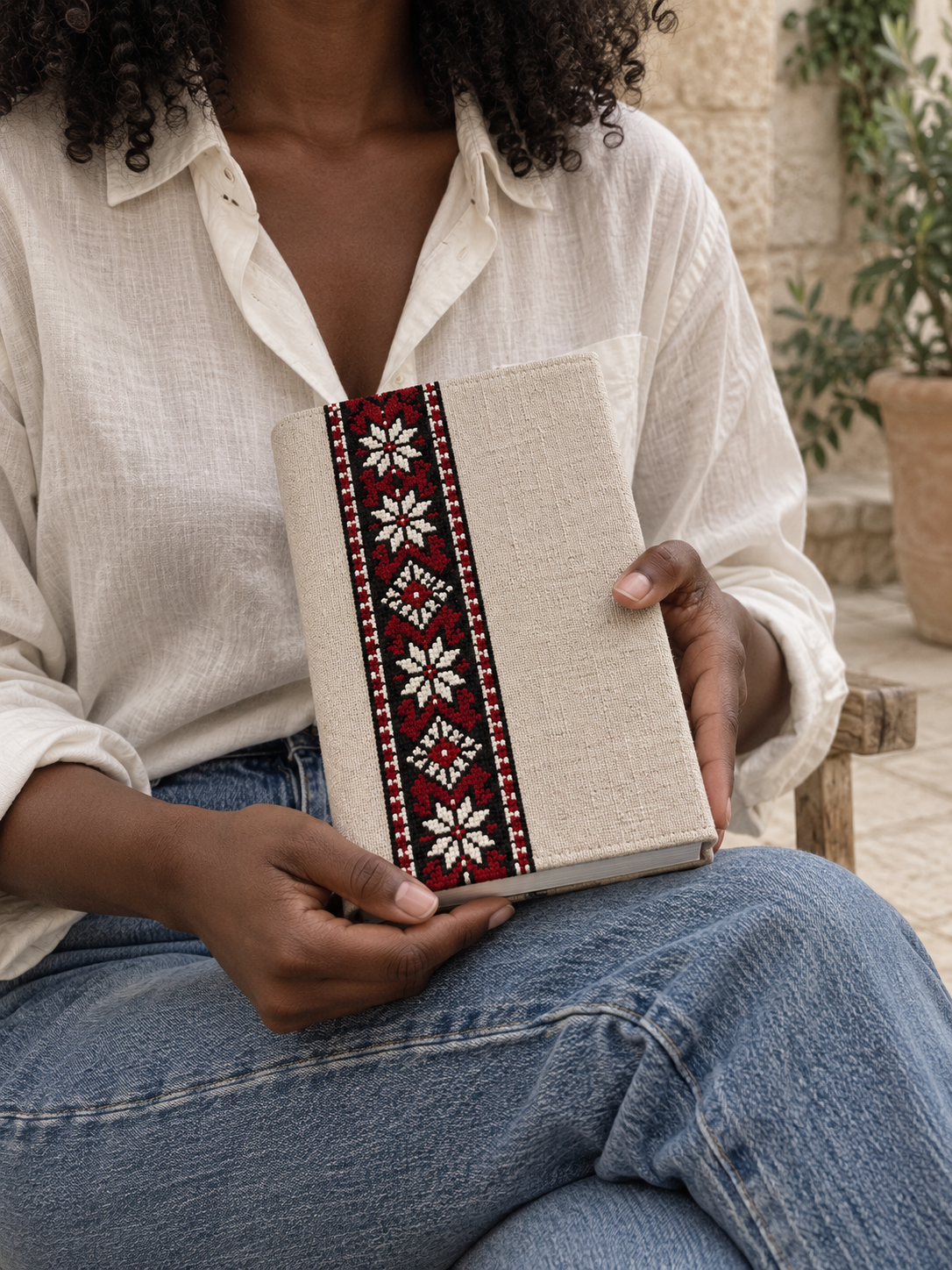 Star Tatreez Book Cover - Natural - shown in use