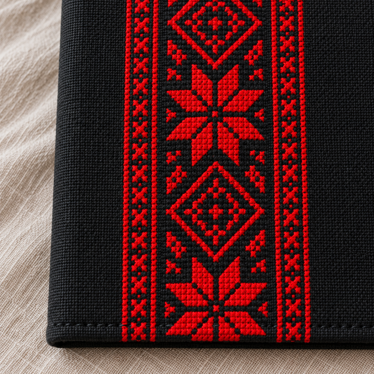 Red Geometric Tatreez Book Cover - Black - tatreez stitching close-up