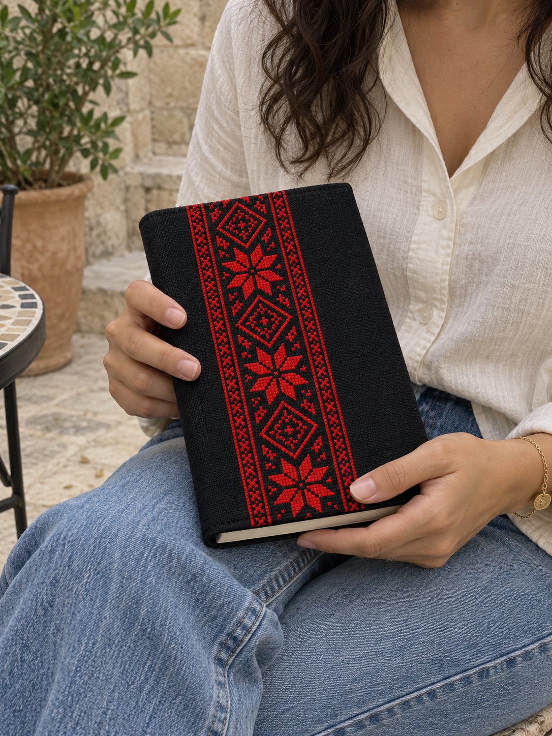 Red Geometric Tatreez Book Cover - Black - shown in use