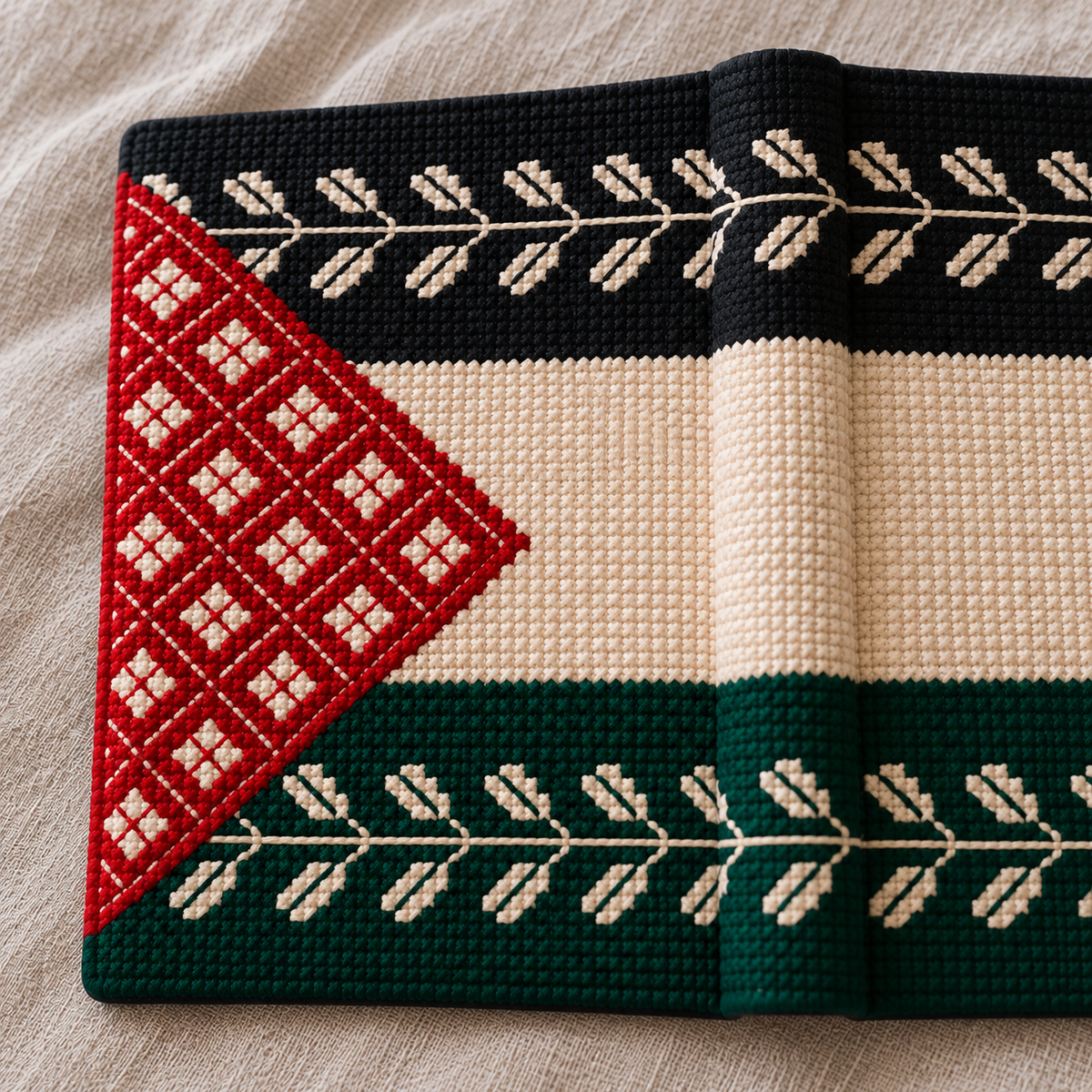 Palestine Flag Tatreez Book Cover - tatreez stitching close-up