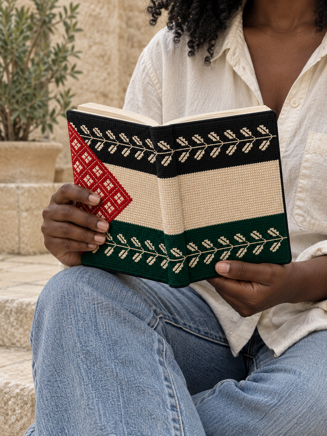 Palestine Flag Tatreez Book Cover - shown in use