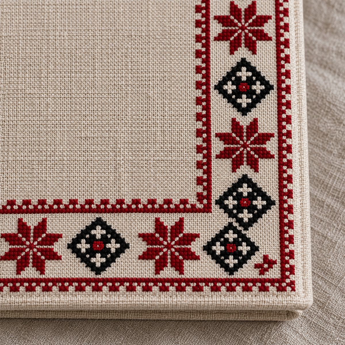 Corner Border Tatreez Book Cover - Natural - tatreez stitching close-up