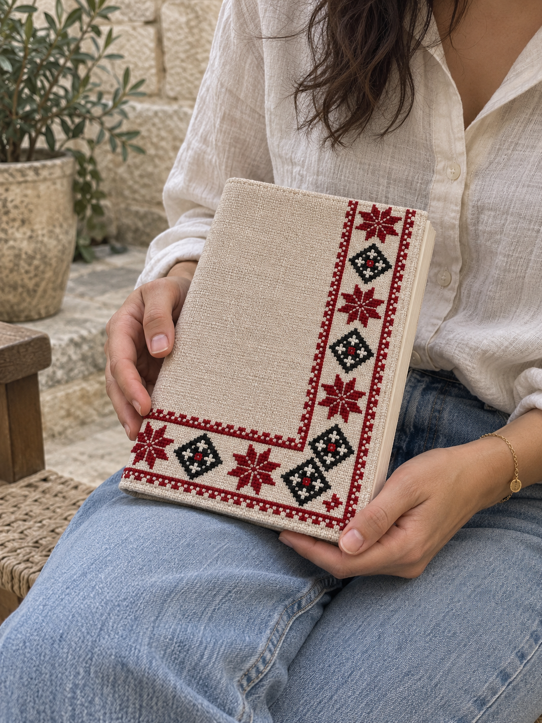 Corner Border Tatreez Book Cover - Natural - shown in use