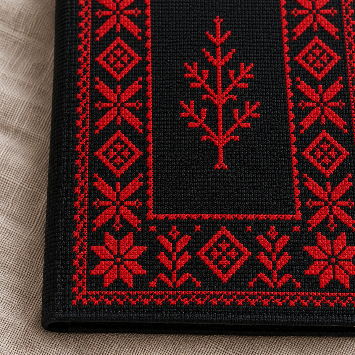 Red Border Tatreez Book Cover - Black - tatreez stitching close-up