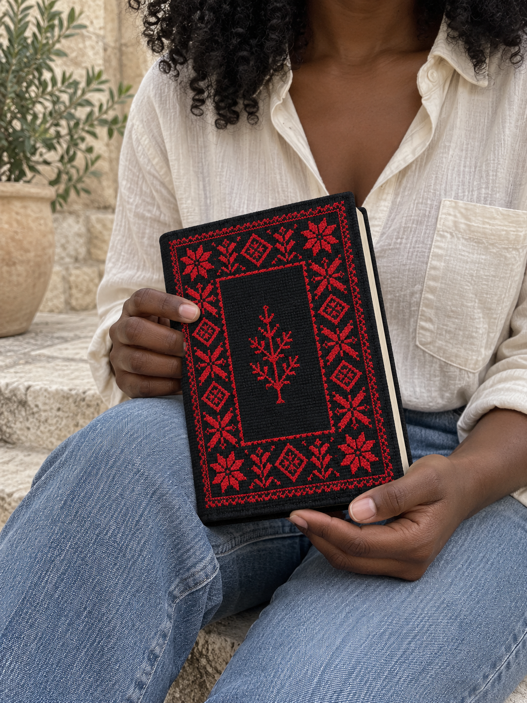 Red Border Tatreez Book Cover - Black - shown in use