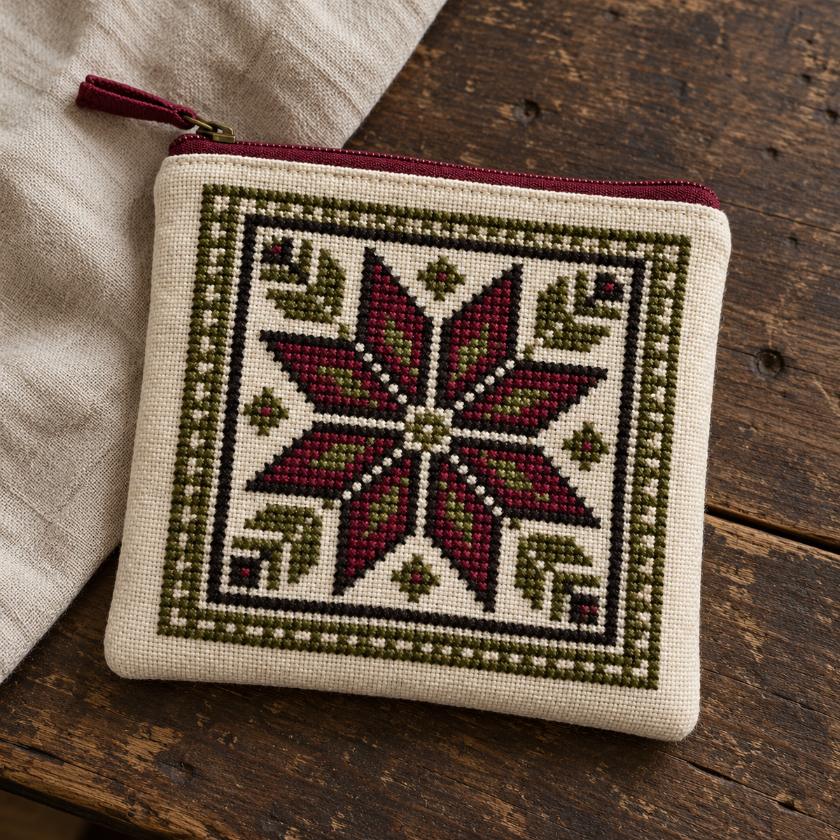 Burgundy & Olive Star Tatreez Zip Pouch - additional product view, digitally generated supplementary image