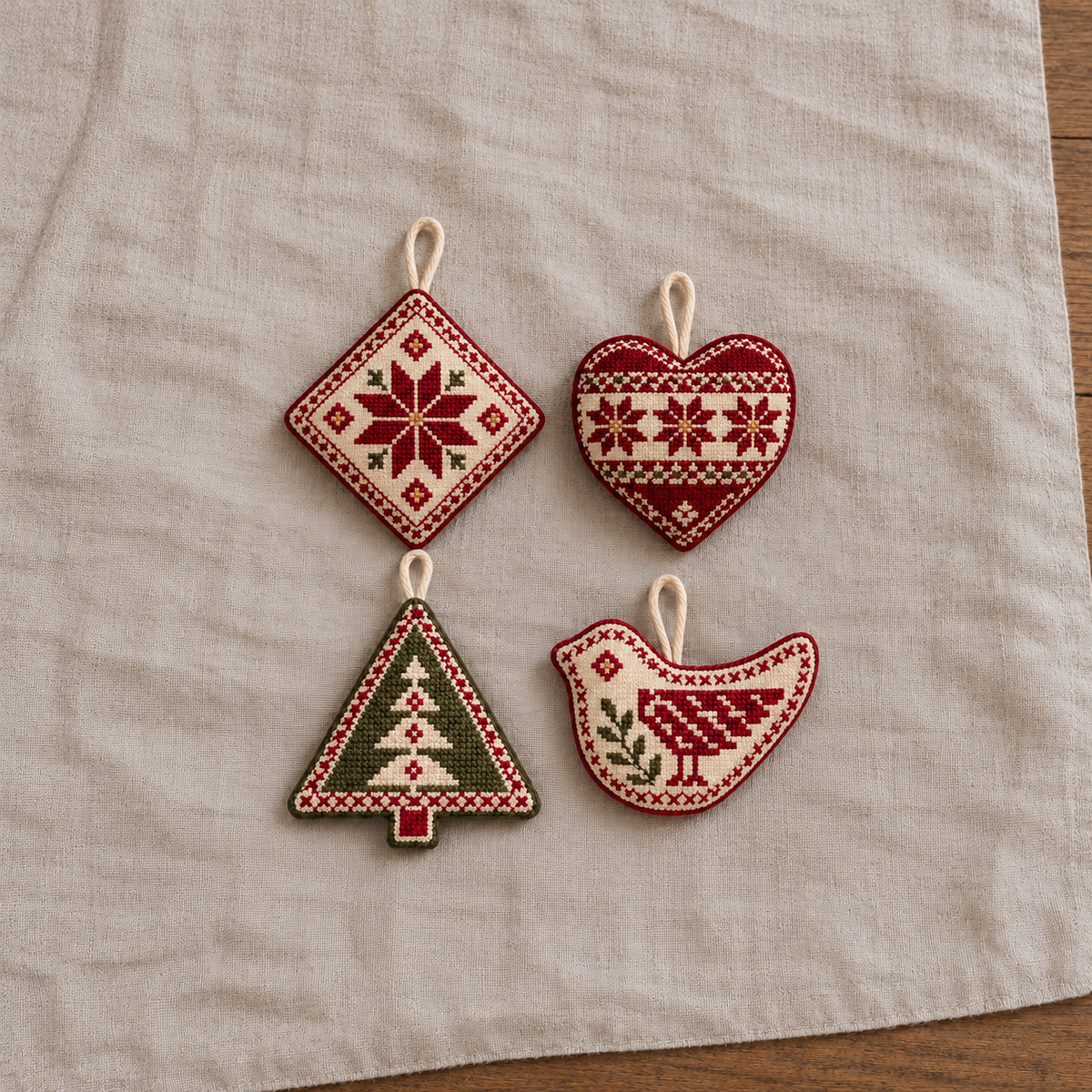 Tatreez Christmas Tree Decorations - Set of 4 - complete product