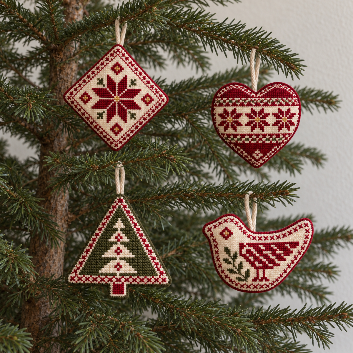 Tatreez Christmas Tree Decorations - Set of 4 - decorations hanging on a Christmas tree