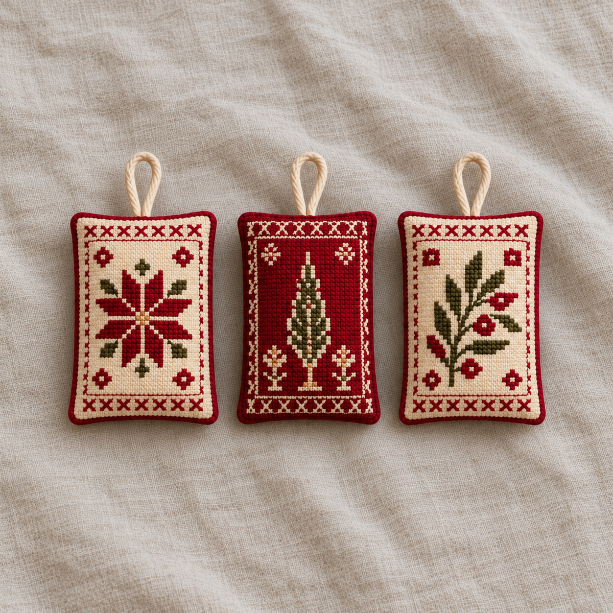 Mini sampler decorations - Star, Cypress and Olive set of 3
