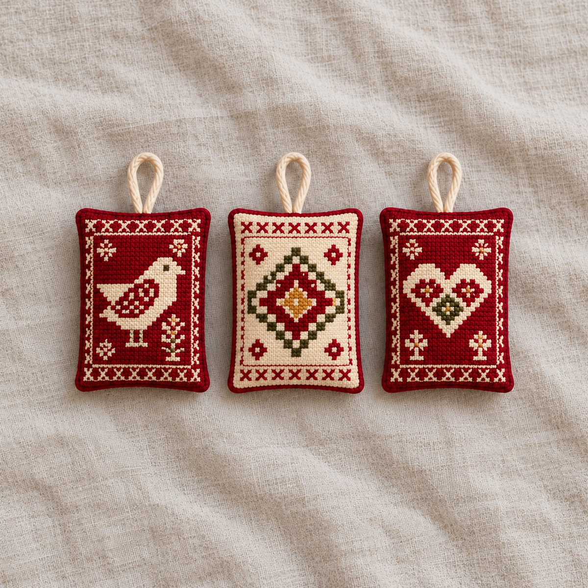 Mini sampler decorations - Bird, Diamond and Heart set of 3
