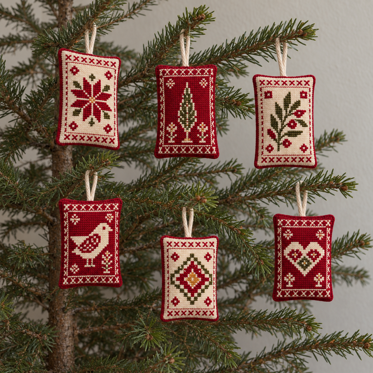 Mini Sampler Tatreez Christmas Decorations - decorations hanging on a Christmas tree