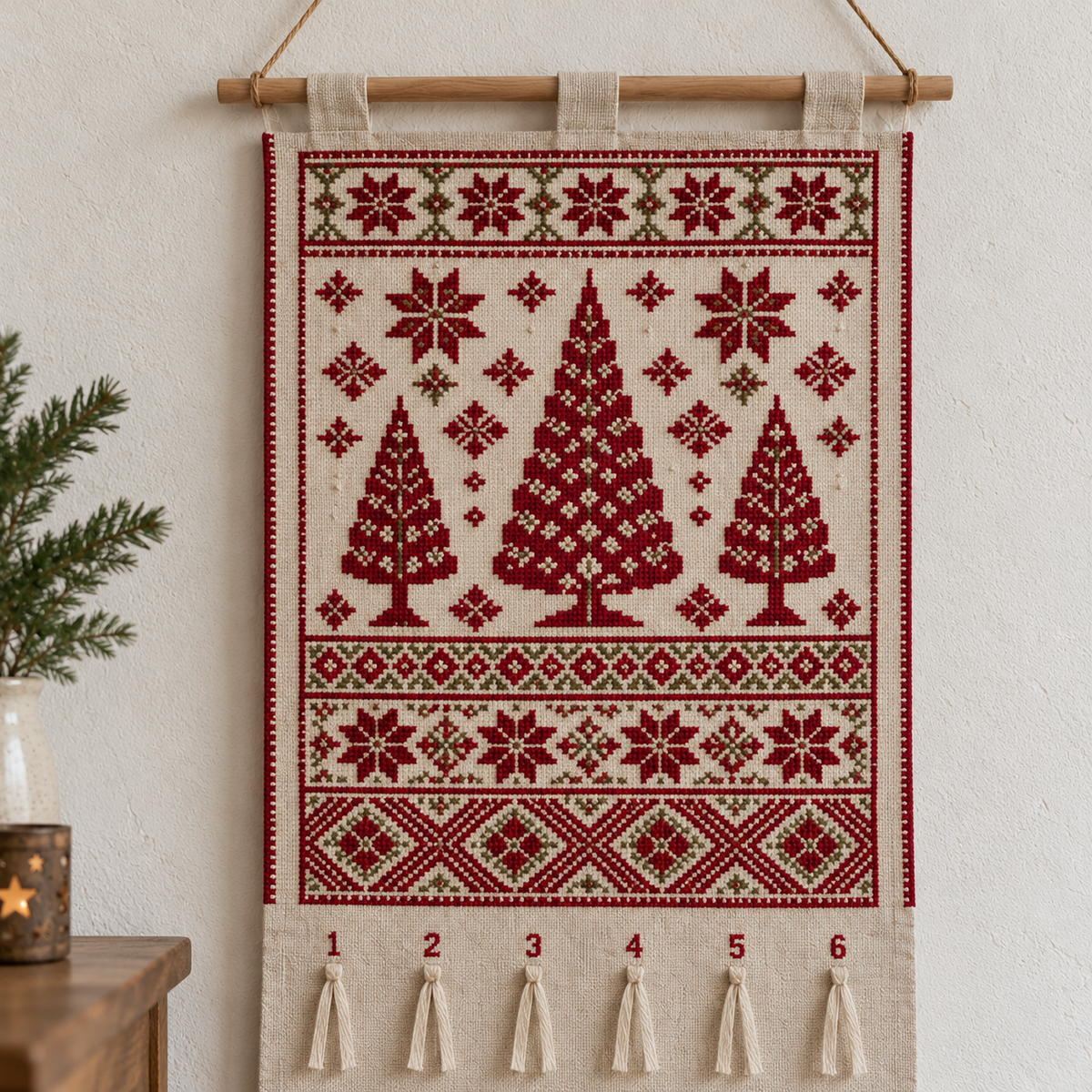 Tree Sampler Tatreez Advent Calendar - embroidery and fabric detail