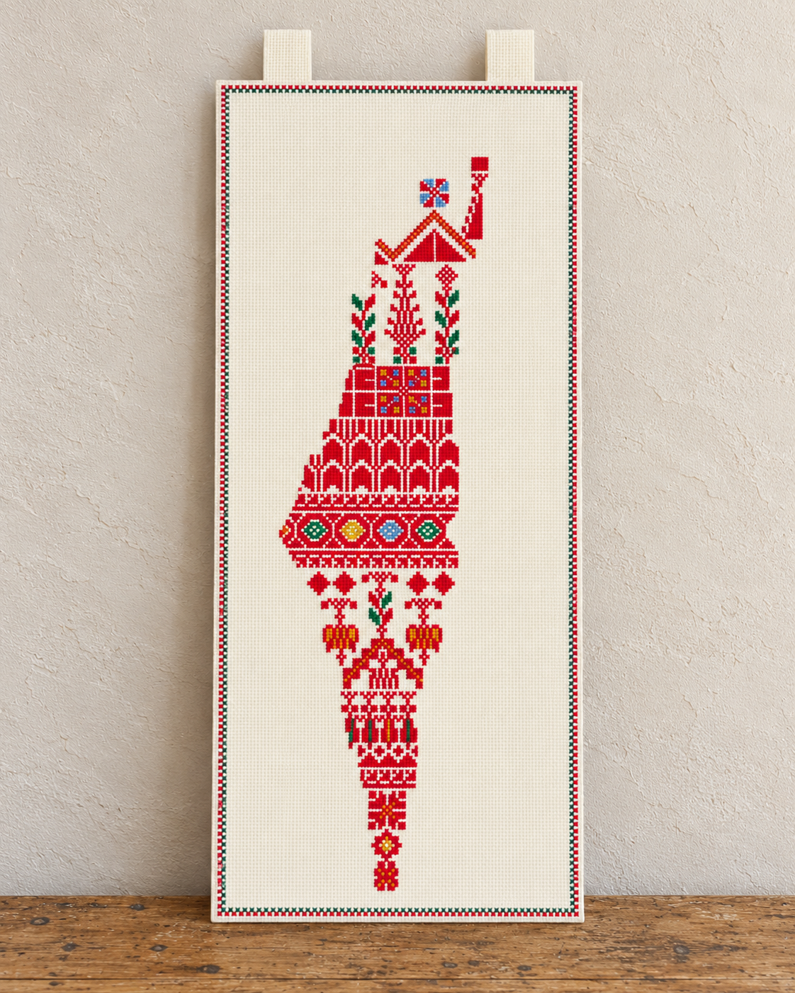 Palestine Map Tatreez Wall Hanging on cream canvas