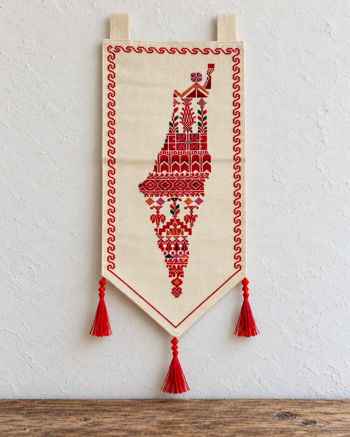 Palestine Map Tatreez Pennant on cream canvas