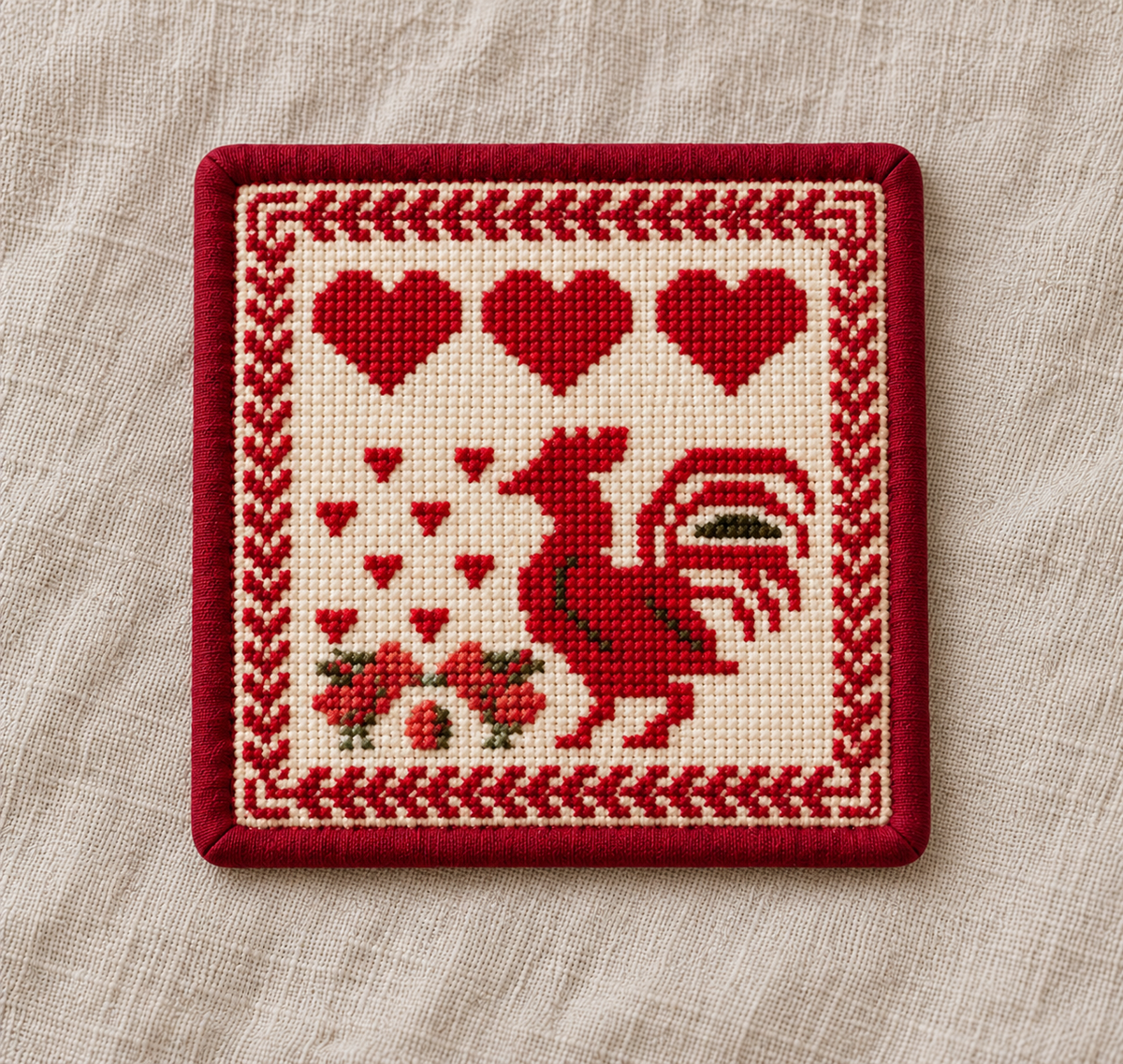 Red hen, chicks and hearts tatreez coaster