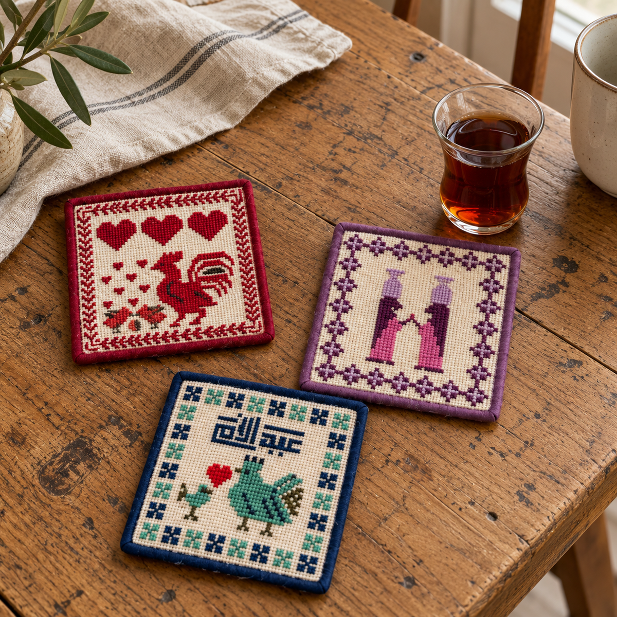 Set of three tatreez coasters beside tea on a wooden table