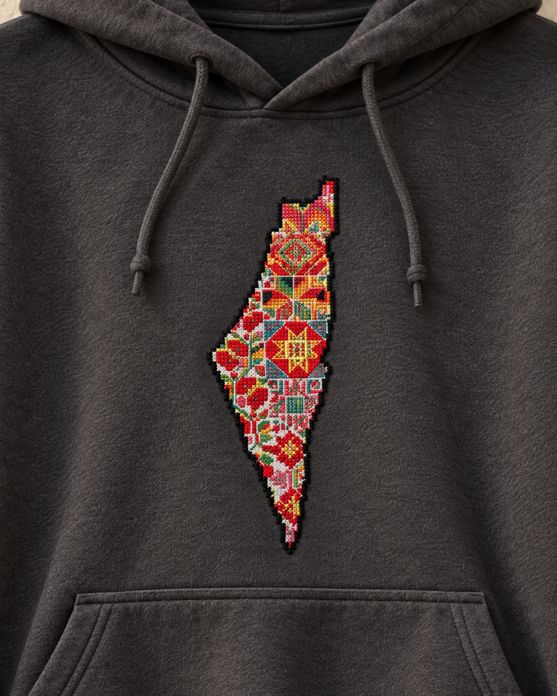 Floral Palestine Map Tatreez Hoodie - Charcoal, detail