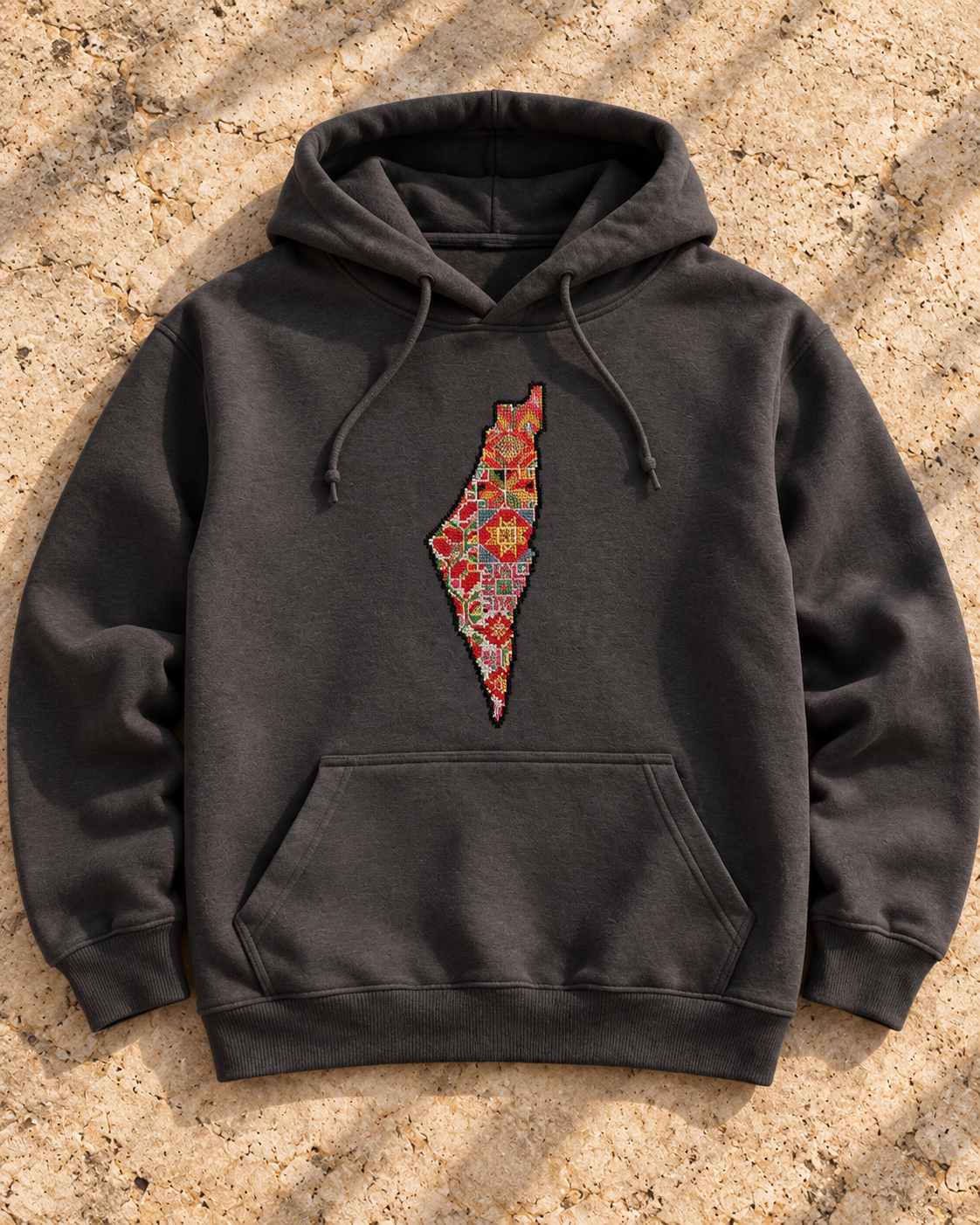Floral Palestine Map Tatreez Hoodie - Charcoal, flat lay