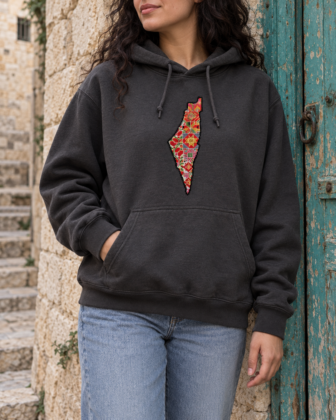 Floral Palestine Map Tatreez Hoodie - Charcoal, model
