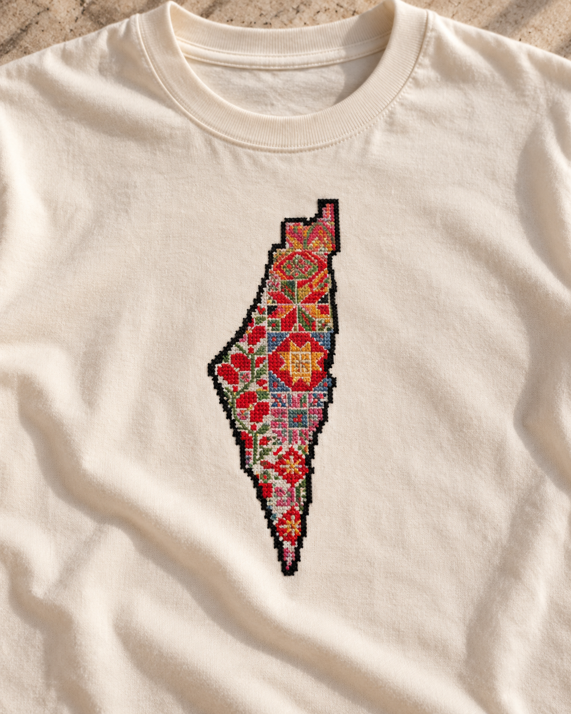 Floral Palestine Map Tatreez T-Shirt - Cream, detail