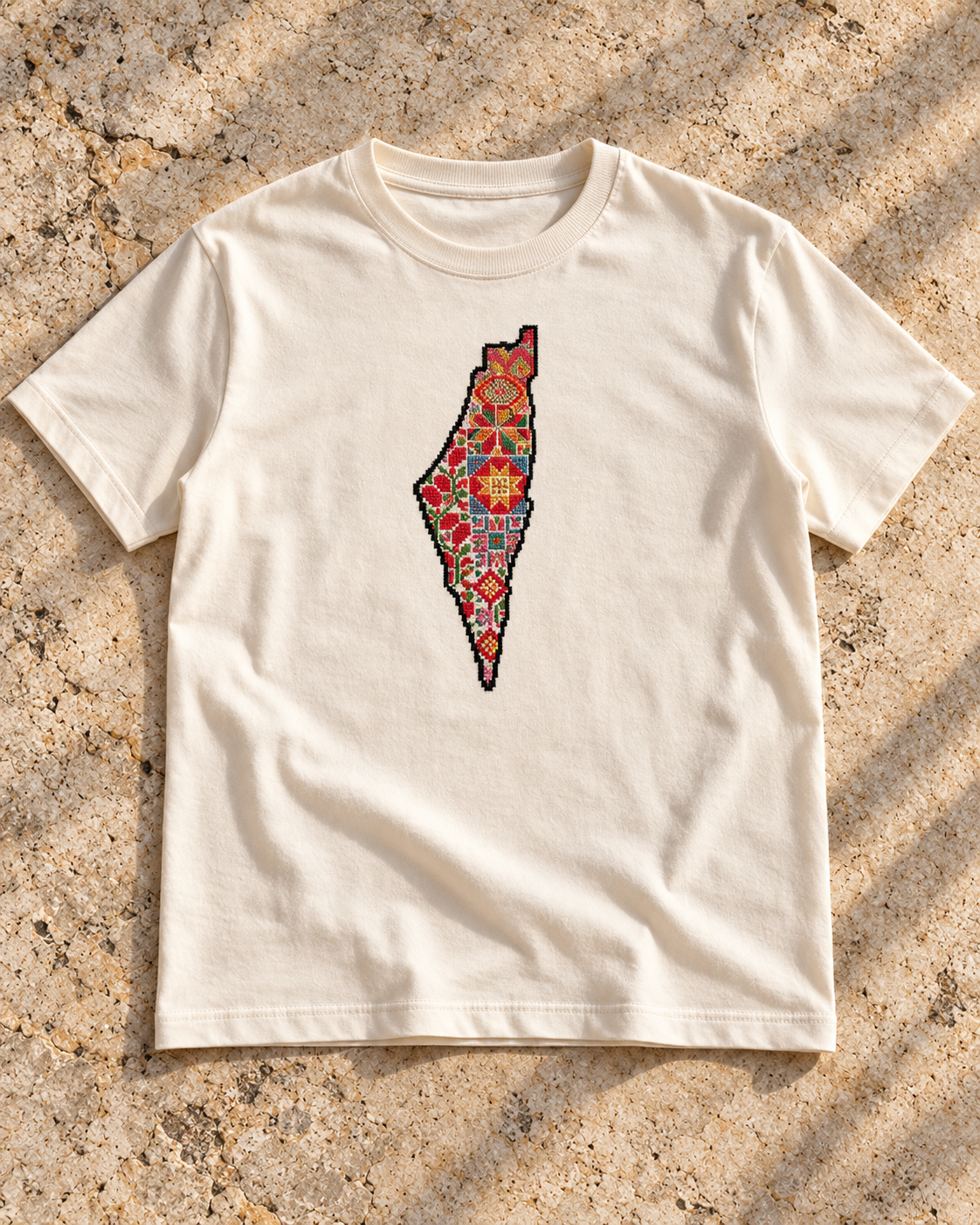 Floral Palestine Map Tatreez T-Shirt - Cream, flat lay