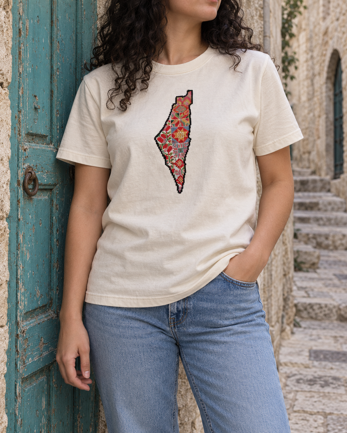 Floral Palestine Map Tatreez T-Shirt - Cream, model