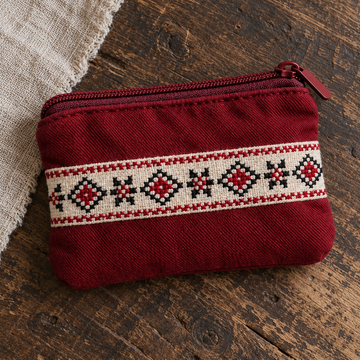 Geometric Tatreez Burgundy Cotton Coin Purse - additional product view, digitally generated supplementary image